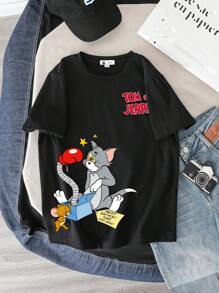 TOM & JERRY X SHEIN Tween Boy Casual Cartoon Graphic Short Sleeve T-Shirt, Suitable For Summer