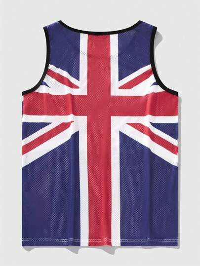 Grunge Punk Men's Rock Brand Contrast Color UK Flag & Letter Print Sports Vest