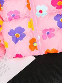 SHEIN Young Girl Loose Fit Ditsy Floral Stand Collar Pockets Short Padded Coat, Casual - Pink - View 3