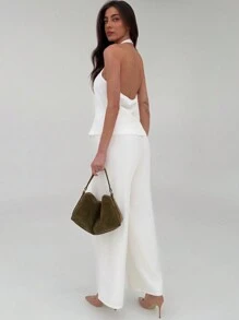 Aloruh 2pcs Set Elegant Office Wear Solid Color White Metallic Button Decor Cardigan And Straight Leg Pants, Versatile Outfit - White - View 4