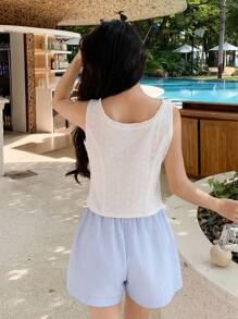 DAZY Maieu de damă, ocazional, de vacanță, boemă, de culoare solidă, cu textura legată, plisată, decupată, pentru vară - alb - Vizualizare 2