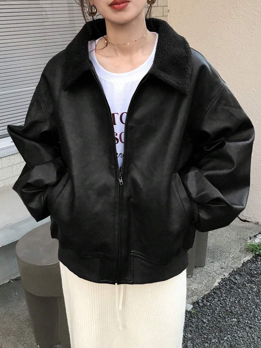 FRIFUL Chaqueta de mujer de manga larga de PU con cierre delantero de cremallera, bolsillos y detalle de cuello de piel de cordero