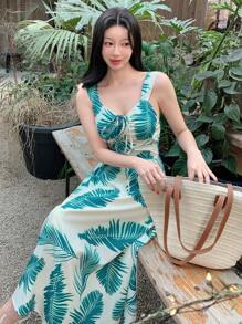 DAZY 女式 V 领无袖热带树叶印花系腰中长连衣裙、挤奶女工裙太阳裙 - 綠色 - 查看 3