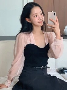DAZY 女款彈性修身拼接袖長袖上衣，黑色，春夏初次約會穿搭，秋季外出上衣 - 黑色 - 查看 5