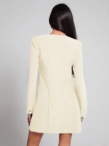 COSMINA Women's Solid Color Front Button Closure Round Neck Elegant Long Sleeve Mini Dress - Apricot - View 2