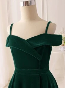 SHEIN Serisse Kids Tween Girl Velvet Elegant Off-Shoulder Dress - Green - View 5