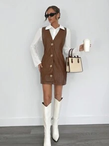 SHEIN Essnce Women's Solid Color Front Button Simple Casual Short Dress - Brown - View 4
