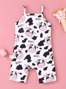 SHEIN Baby Girl Infant Toddler 0-2 Years Cute Cartoon Cow Milk Knitted Romper, Suitable For Home & Outdoor Wear - Black and White - View 3