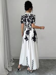Calvaya Plant Print Stand Collar Ruffle Trim Empire Waist Women Short Sleeve Dress