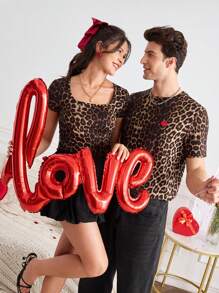 SHEIN LUNE Spring & Summer Casual Square Neck Short Sleeve Leopard Print Bodysuit For Women Valentine's Day Coquette Spring Clothes