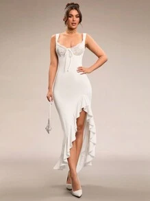 SHEIN BAE Elegant Sexy Women's Lace Patchwork High Slit Ruffle Hem Dress, Suitable For Girlfriend Gathering, Party, Spring Outing, Romantic Vacation