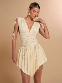 SHEIN BAE Deep V-Neck Drawstring Tie Asymmetric Hem Elegant Ladies Dress, Suitable For Gatherings With Friends, Casual Outings, Holiday Activities, And Romantic Vacation - Apricot - View 6