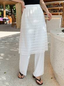 DAZY Casual Vacation Solid Color Contrast Lace 2 In 1 Women Long Pants, Spring/Summer - White - View 2