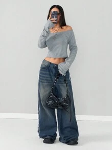 Coolane Camiseta básica de manga larga gris con hombros descubiertos para mujer, estilo primavera/verano Y2K