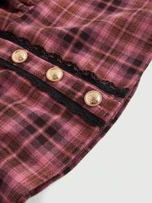 ROMWE Kawaii Retro Y2K Subkultura Harajuku Styl Patchwork Różowa Kratka Metalowa Dekoracja Hollow Koszula Dla Kobiet