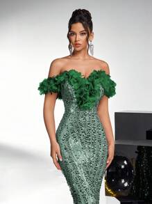 Glamrae 优雅奢华的露肩 V 领图案亮片和欧根纱美人鱼礼服，适合婚礼、单身派对、节日、舞会、宴会、派对礼服、婚礼宾客礼服、晚礼服 - 綠色 - 查看 2