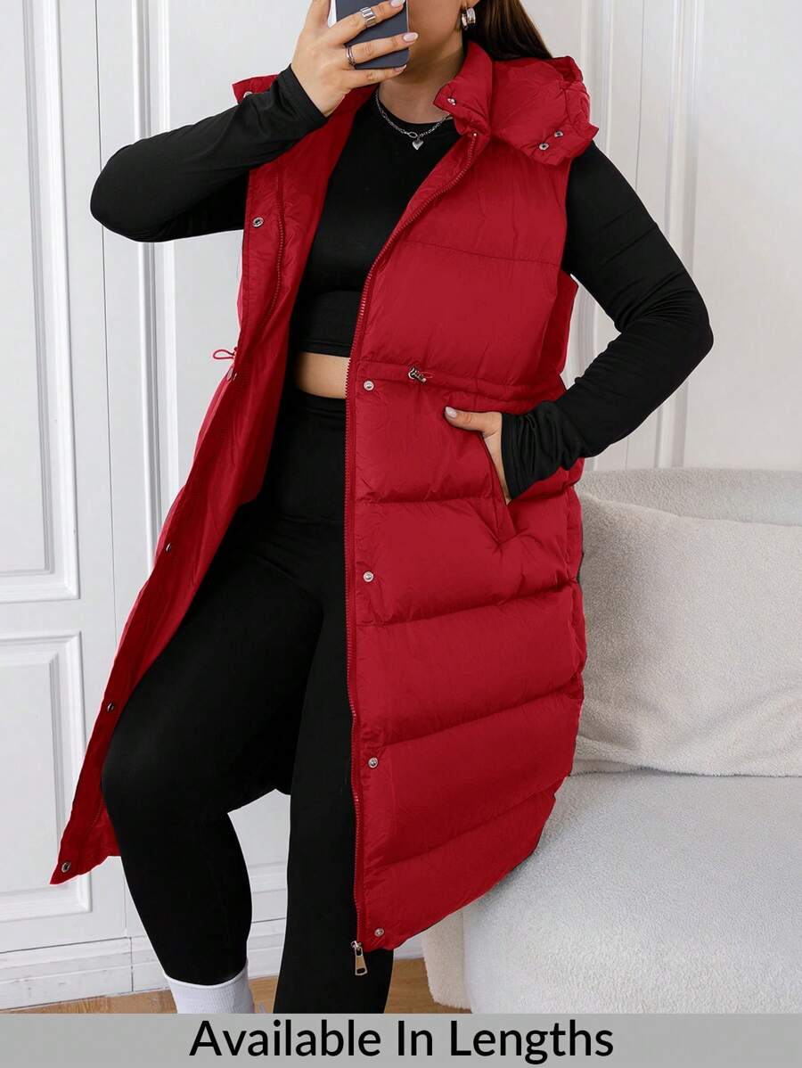 SHEIN PETITE CURVE Plus Size Plain Front Zipper Sleeveless Pocket Minimalist Hooded Winter Jacket - Red - View 1