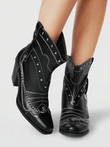 ROMWE Grunge Punk Women's Rivet Chain Decor Square Toe Low Heel Cowboy Boots, Dark Punk PU Black Ankle Boots, Casual Rockabilly Punk Street Style Western Boots - Black - View 2