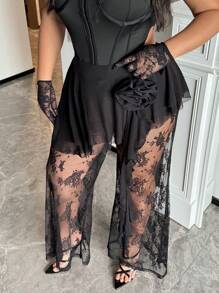 Flirla Women Plus Size Elegant 3D Flower Sheer Ruffle Detail Palazzo Pants Fall Cloth For Women - Black - View 6