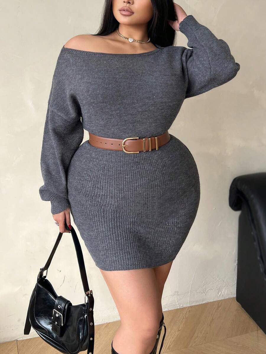 SHEIN Clasi Elegant Plus Size Solid Color Asymmetric Collar Long Sleeve Knit Sweater Dress - Dark Grey - View 1
