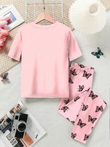 Meisjes Casual Minimalistische Vlinderprint Roze Korte Mouw Top En Broek Pyjama Set, Nauwsluitende Pasvorm, Lente/Zomer