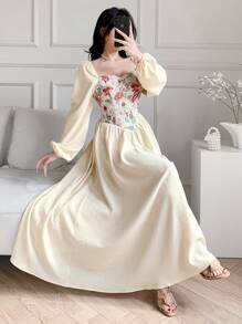 Feyla 女士优雅提花拼接泡泡袖阿拉伯风格连衣裙