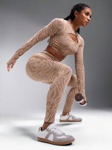 Powerista Women High Waist Patterned Detail Fitted Leggings - Khaki - View 3