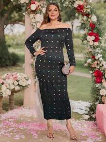 SHEIN Clasi Plus Size Women Heart Print Long Sleeve Off Shoulder Maxi Bodycon Dress, Elegant Party Spring Autumn, Suitable For New Year, Valentine's Day, Thanksgiving, Christmas, Easter, Gala, Christmas Eve, Fashion Show, Christmas Decoration, Christmas Pajamas - Black - View 1