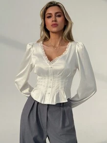 Aloruh Women's White Deep V-Neck Puff Sleeve Lace Patchwork Pleated Waist Long Sleeve Satin Blouse - White - View 5
