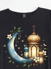 Al Najma Ramadan arabischer Stil lässiger weiter Rundhals Kurz-Top und Weite Hose Set für Frauen, lässige lange Kleider - Schwarz - Übersicht 5