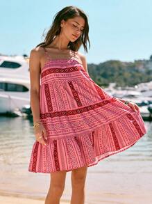SHEIN VCAY Vestido corto de verano sin mangas con volantes y estampado tropical para mujer