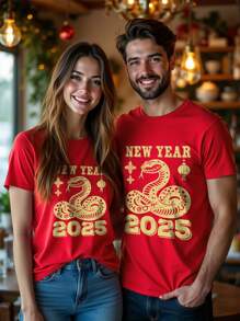 Manfinity Homme 2025 New Year Of The Snake Couple Round Neck Short Sleeve Letter Printed Simple Casual Top, Suitable For Daily Wear During The Lunar New Year Men Chinese New Year
