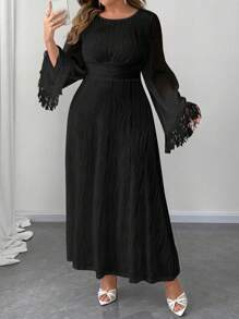 Elenzga Plus Size Crew Neck Bell Sleeve Textured Knit Cinched Waist A-Line Dress Maxi Women Outfit Fall Cloth For Women