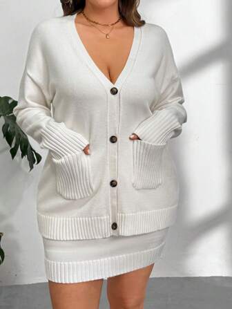 SHEIN Privé Plus Size Elegant Commuting Office Style Retro Collegiate Wind V-Neck Cardigan With Pockets Long Sleeve + Regular Waist Skirt Knitted 2 Pieces Set For Women