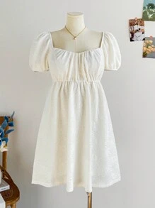 Dreamara Plus Size Women Romantic White Jacquard Fabric Ruffle Short Sleeve A-Line Mini Dress, Spring Wedding Season Vacation - White - View 2