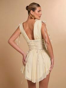 SHEIN BAE Deep V-Neck Drawstring Tie Asymmetric Hem Elegant Ladies Dress, Suitable For Gatherings With Friends, Casual Outings, Holiday Activities, And Romantic Vacation - Apricot - View 2