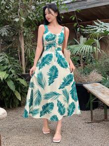 DAZY 女式 V 领无袖热带树叶印花系腰中长连衣裙、挤奶女工裙太阳裙 - 綠色 - 查看 1