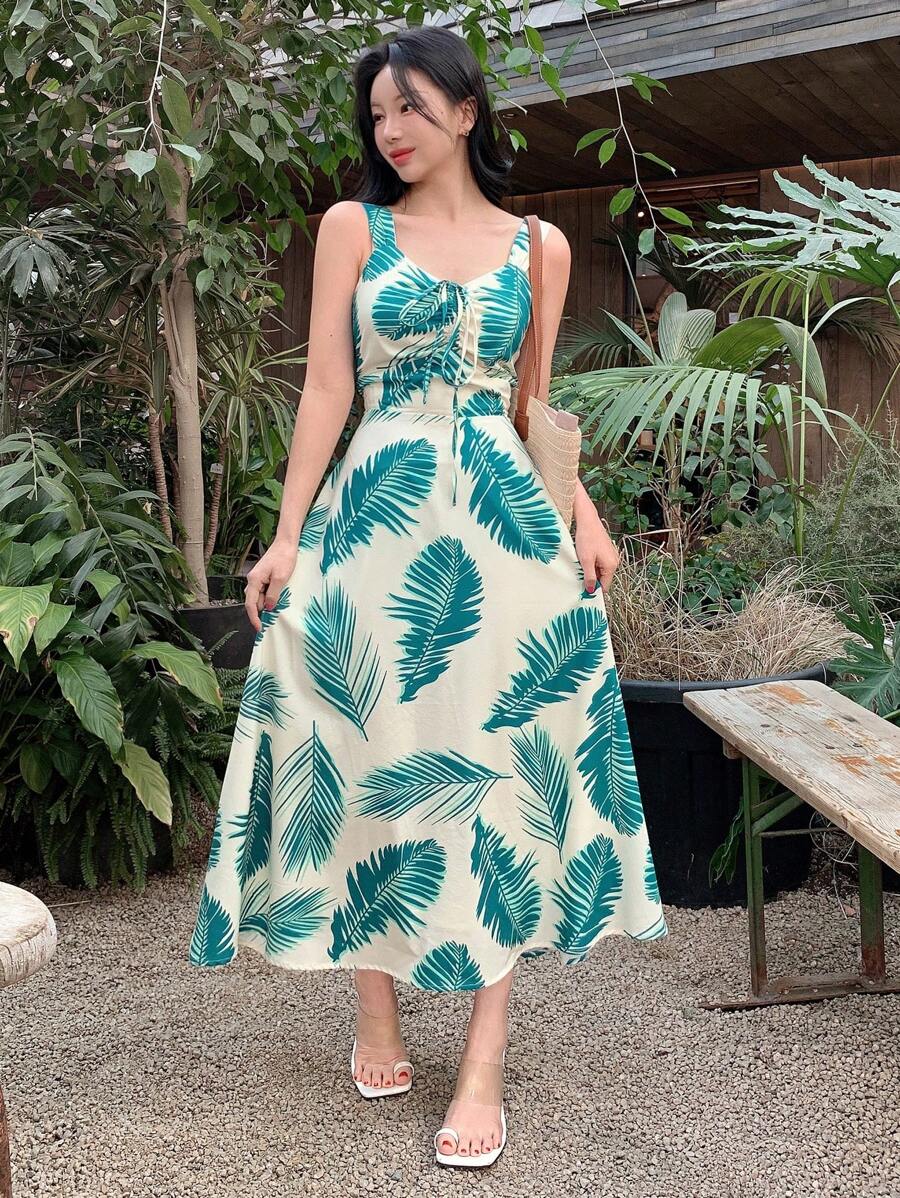 DAZY 女式 V 领无袖热带树叶印花系腰中长连衣裙、挤奶女工裙太阳裙 - 綠色 - 查看 1