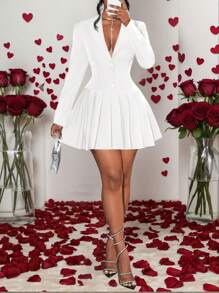 Slaydiva Women's Solid Color Mini Dress With Pleated Hem, Fashion Party - White - View 4