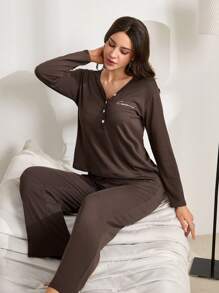 Lazeform Women Fleeced Letter Print Long Sleeve Top And Pants Loungewear Set