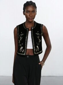 Aveloria Modichic Chaqueta/chaleco corto sin mangas de terciopelo con bordados de lentejuelas elegantes de estilo vintage para mujeres