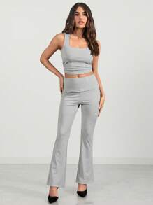 Glamine Women's Solid Color Sexy Tight Sleeveless Tank With Square Neck And Fashion Tight Flared Two-Piece Suit, Suitable For Club Wear