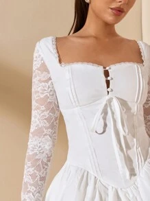 SHEIN BAE 红色纯色性感优雅方领长袖蕾丝拼布修身泡泡迷你连衣裙，适合毕业派对、正式场合、鸡尾酒会、浪漫约会、秋冬分层、社交聚会、夜总会、婚礼伴娘、户外晚会、万圣节、圣诞节 - 白色 - 查看 3