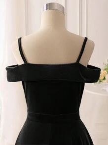 SHEIN Serisse Kids 青少年女孩天鹅绒优雅露肩长裙，公主礼服，适合舞会、派对 - 黑色 - 查看 9