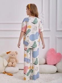 SHEIN 青少年女孩卡通熊印花圓領短袖寬鬆休閒居家睡衣套裝，2件組睡衣套裝 - 白色 - 查看 7