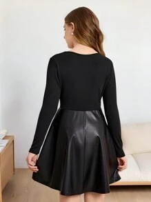 SHEIN Teen Girl Black/Autumn/Winter/Casual/U-Shaped Collar/Knitted Splicing PU/Long-Sleeved Waist Dress, For Christmas