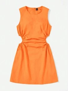 SHEIN EZwear Cut Out Waist Ruched Side Dress - Orange - View 3