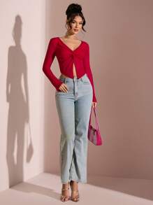 SHEIN BAE 女士纯红色扭纹荷叶边喇叭袖性感透明衬衫 T 恤，适合情人节、派对、浪漫约会、伴娘、舞会、通勤、春夏季 - 紅色 - 查看 5