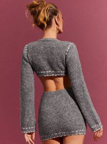 L'Amorae 女士 撞色针脚细节短款开衫 - 深灰色 - 查看 3