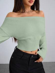 SHEIN Unity Women Casual Solid Color Off Shoulder Long Sleeve Cropped Sweater Knit Pullover Fall Winter - Green - View 5